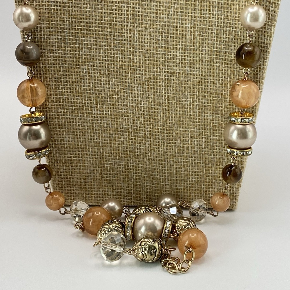 Unsigned Gold Tone Bead Necklace Vintage Peach Smoky 47"